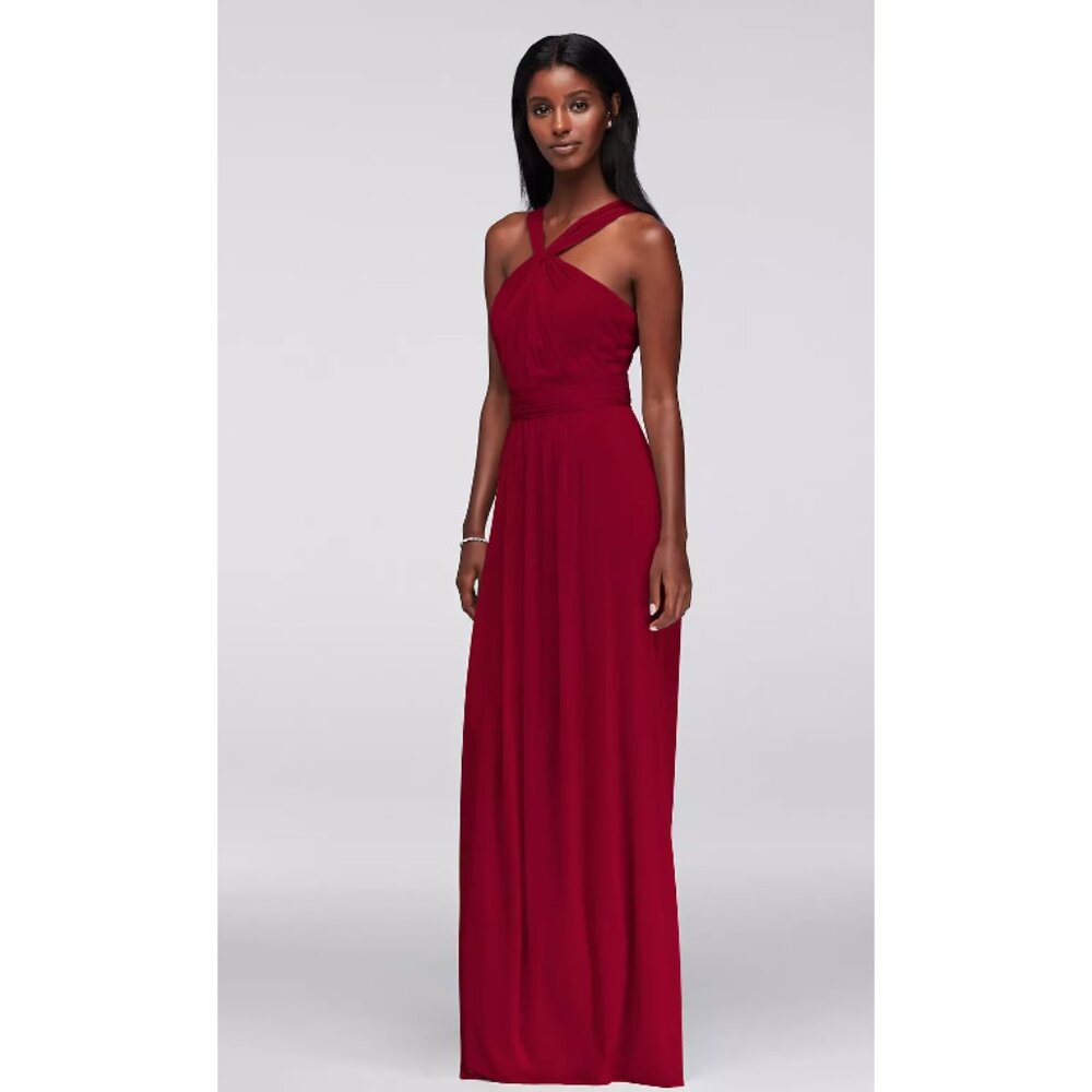 Davids Bridal Maxi Dress Womens Size 4 Red Lined Ruched Pleated Flow Bridesmaid